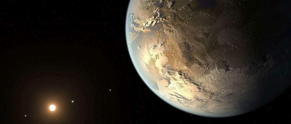 Viel Phantasie. Sicher ist: Der Planet Kepler-186f ist ähnlich groß wie die Erde und kreist in der habitablen Zone um seinen Mutterstern. Wie er wirklich aussieht, wissen die Forscher nicht, es gibt kein Foto. Der Illustrator hatte dementsprechend viele Freiheiten.