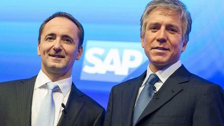 Die beiden SAP-Vorstandsvorsitzenden Jim Hagemann Snabe (links) und Bill McDermott (hier bei bei der Bilanzpressekonferenz im Januar) sehen das Unternehmen auf gutem Weg, der weltweit führende Cloud-Anbieter zu werden. 