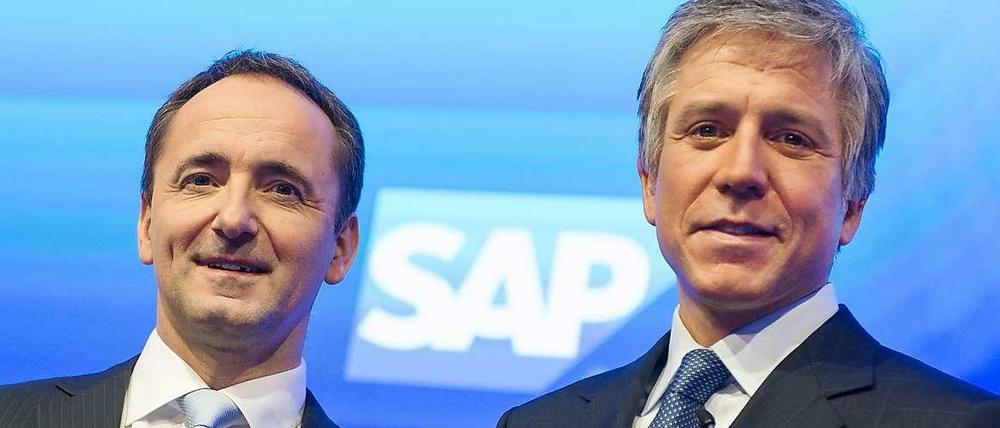 Die beiden SAP-Vorstandsvorsitzenden Jim Hagemann Snabe (links) und Bill McDermott (hier bei bei der Bilanzpressekonferenz im Januar) sehen das Unternehmen auf gutem Weg, der weltweit führende Cloud-Anbieter zu werden.