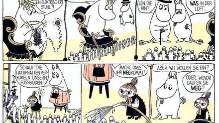 Sehen aus wie Nilpferde, haben aber Hände. Muminvater und Muminmutter in einem Comicabenteuer. 