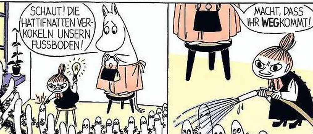Sehen aus wie Nilpferde, haben aber Hände. Muminvater und Muminmutter in einem Comicabenteuer.