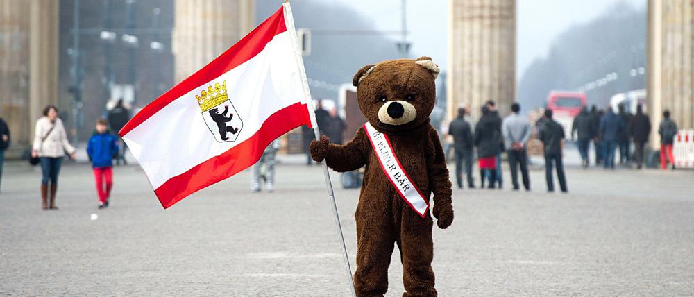 Verbotenes Motiv. Ein Berliner Bär posiert vor dem Brandenburger Tor für Touristen, die für ein Foto mit ihm bezahlen sollen. 