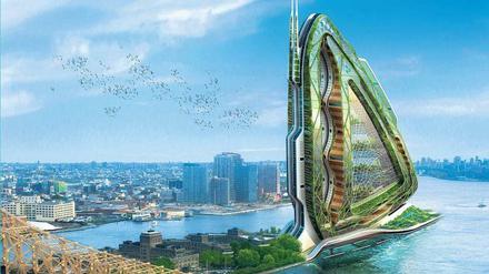Plan mit Plantagen. Dieser Entwurf des belgischen Architekten Vincent Callebaut sieht einen 600 Meter hohen Wolkenkratzer in der Form eines Libellenflügels vor. Neben Wohnungen und Büroräumen wäre darin Platz für Obstgärten und Bauernhöfe. 