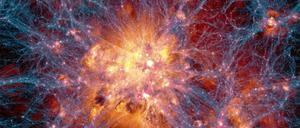 Virtuelles Universum. Die Abbildung zeigt den massivsten Galaxienhaufen der Simulation. Außerdem sind die Verteilung Dunkler Materie (in Blau) erkennbar sowie Gasströme.