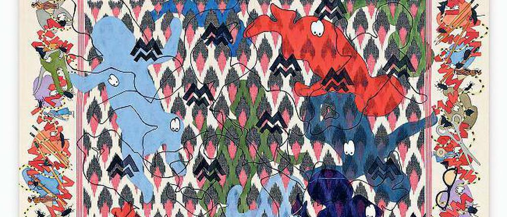 Auf dem Teppich. „Babies’ Staccato“ (2014), Malerei mit Wolle.