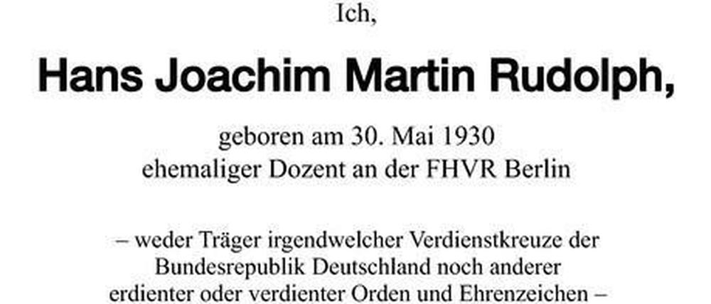 Die von Hans Joachim Martin Rudolph selbst verfasste Todesanzeige, die dann am 16. März im Tagesspiegel erschien.