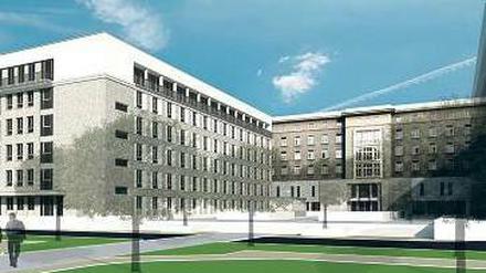 Der Klinik-Neubau (links) wird an die Bestandsgebäude angeschlossen. Eine Kinderklinik und eine Komfortklinik für Privatpatienten sollen einziehen. S