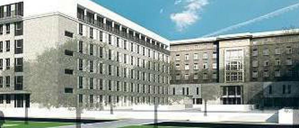 Der Klinik-Neubau (links) wird an die Bestandsgebäude angeschlossen. Eine Kinderklinik und eine Komfortklinik für Privatpatienten sollen einziehen. S