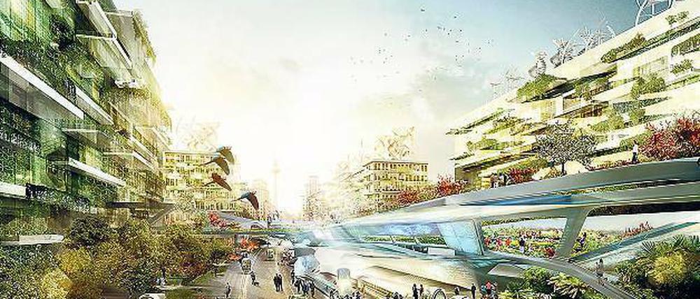 Schöne nachhaltige Welt. Illustration der Stadt von morgen am Beispiel Berlins.
