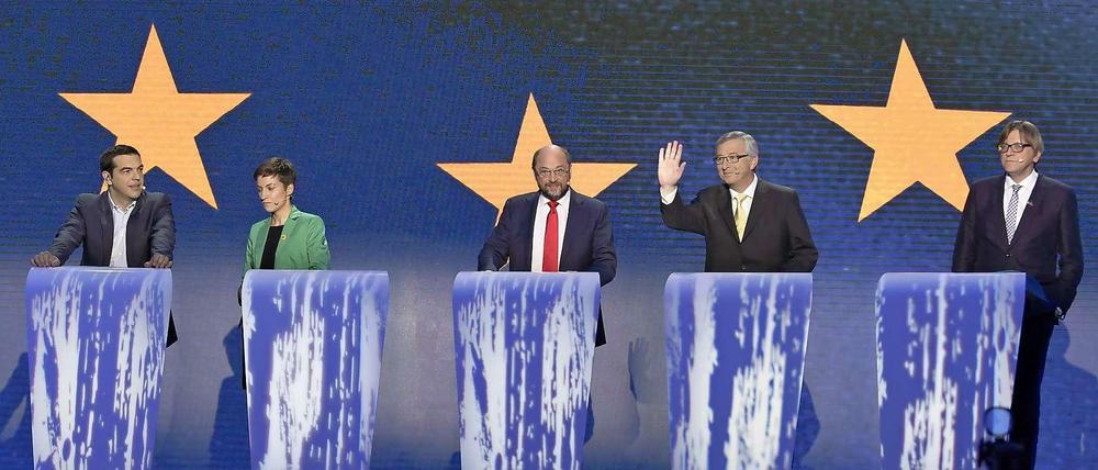Die Spitzenkandidaten der fünf großen Parteiengruppen Europas (v.l.): Alexis Tsipras (Linke), Ska Keller (Grüne) Martin Schulz (SPD), Jean-Claude Juncker (Konservative) und Guy Verhofstadt (Liberale).