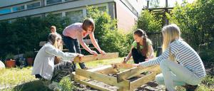 So sehen Sieger aus. Schüler der Grundschule am Beerwinkel in Spandau legen ein Hochbeet an, in dem später kompostiert wird. 