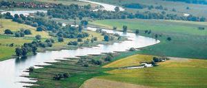 Die Elbe bei Wittenberg. Ein Blick von oben zeigt, wie sehr der Fluss für die Schifffahrt verbaut worden ist. Das soll sich ändern.