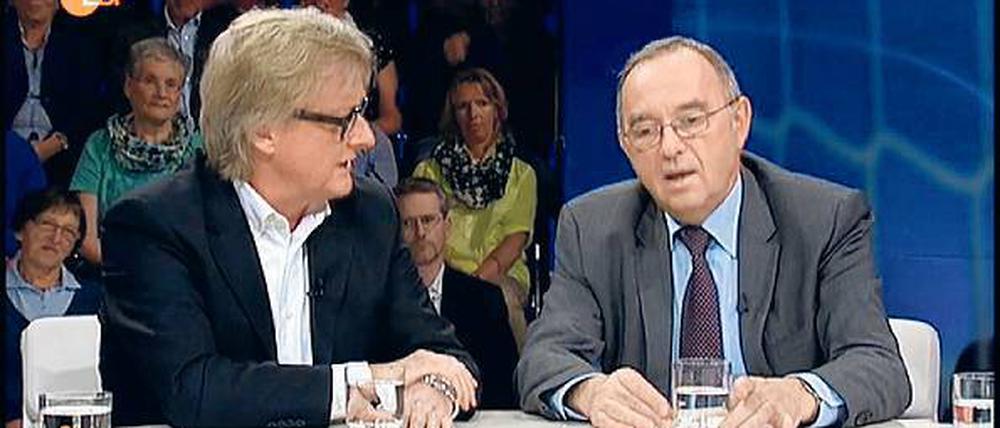 Hoeneß-Freunde, Hoeneß-Feinde. Hans-Ulrich Jörges (links) und Norbert Walter-Borjans bei „Maybrit Illner“.