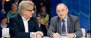 Hoeneß-Freunde, Hoeneß-Feinde. Hans-Ulrich Jörges (links) und Norbert Walter-Borjans bei „Maybrit Illner“.