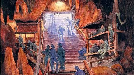 Soldaten in einem Bergunterstand an der Isonzo-Front. Aquarell von Bogumil Car (1917)