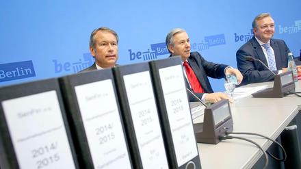 Krach im Rathaus. Finanzsenator Ulrich Nußbaum, der Regierende Bürgermeister Klaus Wowereit und Innensenator Frank Henkel.