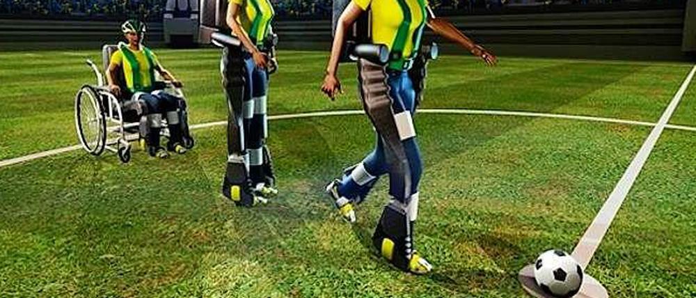 Mit der Hilfe einer gedankengesteuerten, roboterähnlichen Gehhilfe soll ein brasilianischer Teenager den ersten Ball der Fußballweltmeisterschaft kicken. 