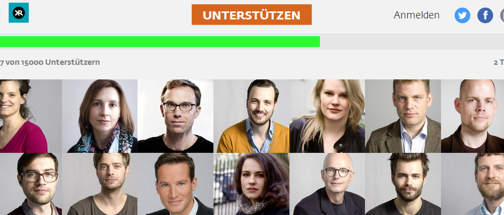 Funding-Aufruf von "Krautreporter" mit Porträts der involvierten Journalisten.