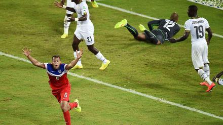 Hertha-Profi John Anthony Brooks jubelt nach seinem späten Kopfballsiegtor für die USA gegen Ghana bei der Fußball-WM 2014 in Brasilien.