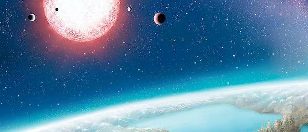 Ein Ort für Leben? Der kürzlich entdeckte Planet Kepler-186f könnte wie die Erde flüssiges Wasser haben und sogar Leben. Die Illustration zeigt wie die Künstlerin Danielle Futselaar sich diese Welt vorstellt. 