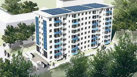 Modellprojekt. Das Haus hat 64 Wohnungen und acht Stockwerke.
