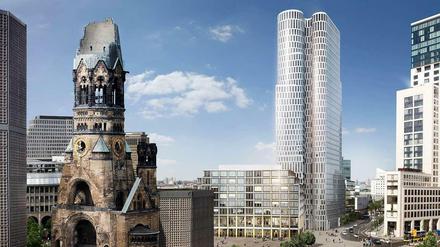 Im Modell. So soll der 118 Meter hohe Zwillingsturm „Upper West“ zwischen der Gedächtniskirche und dem Zoofenster-Hochhaus aussehen.
