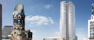 Im Modell. So soll der 118 Meter hohe Zwillingsturm „Upper West“ zwischen der Gedächtniskirche und dem Zoofenster-Hochhaus aussehen.