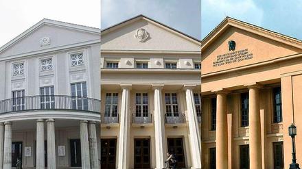 Das Theater Stralsund (links) soll mit den Bühnen von Greifswald (Mitte), Neustrelitz (rechts) und Neubrandenburg zusammengehen. 