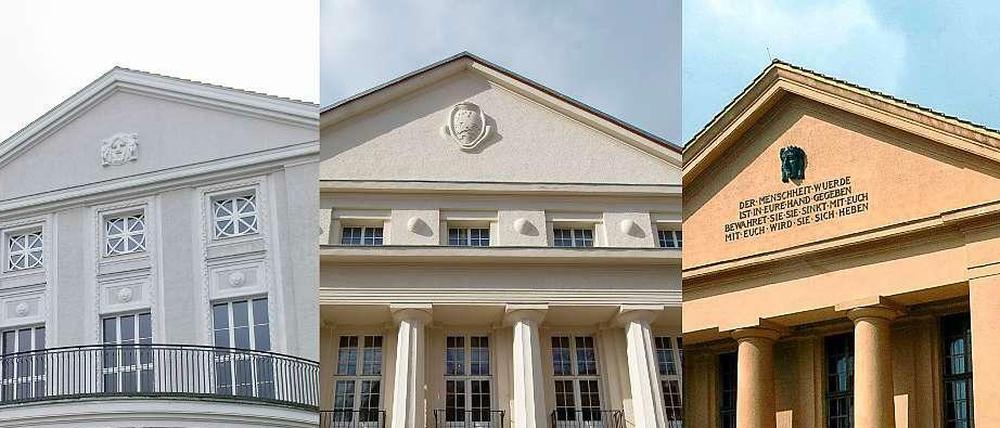 Das Theater Stralsund (links) soll mit den Bühnen von Greifswald (Mitte), Neustrelitz (rechts) und Neubrandenburg zusammengehen. 