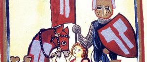 Farbige Darstellung von Wolfram von Eschenbach als Ritter in der Manessischen Liederhandschrift aus dem 13. Jahrhundert