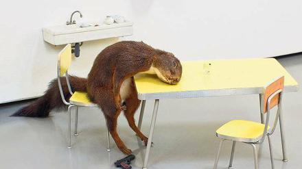 Böse. Die in der Ausstellung gezeigte Vitrine „Bidibidobidiboo“ (1996) von Maurizio Cattelan zeigt ein lebensmüdes Nagetier. 