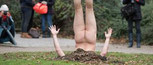 Der russische Konzeptkünstler Andrey Kuzkin steckt am Sonntag an der Binnenalster in Hamburg nackt mit dem Kopf im Boden. Die Performance "The phenomenon of nature or 99 landscapes with trees" ist Teil des Nordwind Festivals, das am 29.11.2015 auf Kampnagel beginnt.