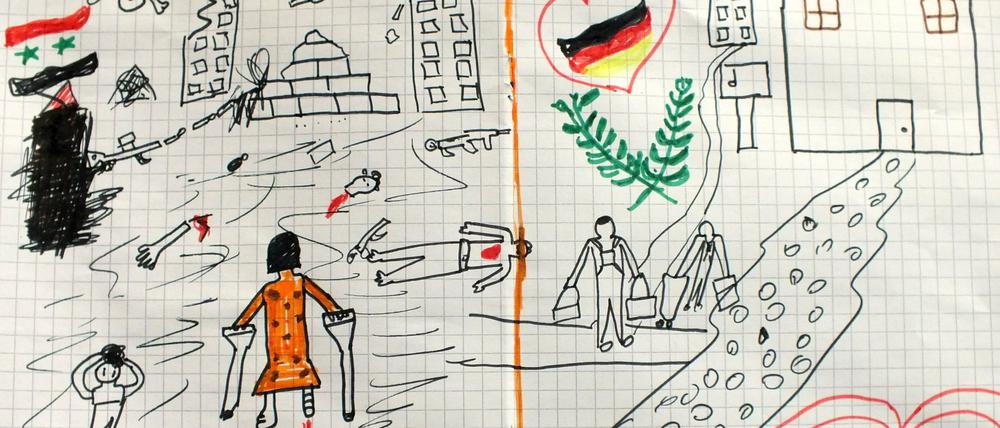 Das Foto, das die Bundespolizei am Freitag zur Verfügung stellt, zeigt ein Bild, das ein syrisches Flüchtlingskind gemalt hat. Auf dem Bild sind links Kriegseindrücke aus der Heimat- und rechts die Ankunft in Deutschland zu sehen.