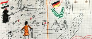 Das Foto, das die Bundespolizei am Freitag zur Verfügung stellt, zeigt ein Bild, das ein syrisches Flüchtlingskind gemalt hat. Auf dem Bild sind links Kriegseindrücke aus der Heimat- und rechts die Ankunft in Deutschland zu sehen.