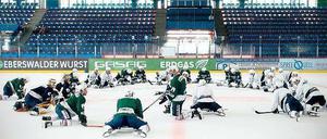 Dehnen für die Sehnen. Die Eisbären starteten ihre Saisonvorbereitung in diesem Jahr eine Woche früher. Am Montag ging es für die Spieler im Wellblechpalast erstmals aufs Eis.