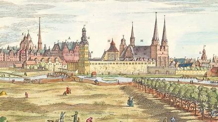 Durch den Sand in den Sumpf. Berlin war auch im späten Mittelalter auf dem Landweg nur mühsam zu erreichen. Zudem verbarrikadierte sich die Stadt, um den „Zuzug lästiger Elemente vom Land“ zu verhindern. Kupferstich von 1652