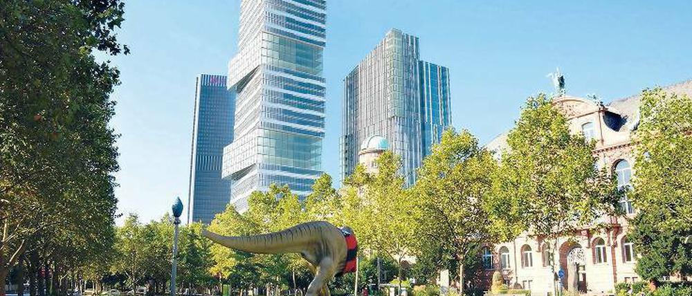 Die Computervisualisierung zeigt die in Frankfurt am Main auf dem Gelände des AfE-Turms geplanten zwei neuen Hochhaustürme.