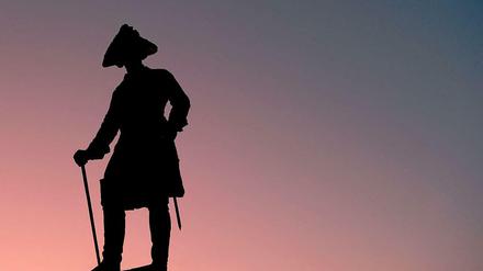 Vor dem leuchtenden Morgenhimmel steht die Statue Friedrichs des Großen im brandenburgischen Ort Letschin im Oderbruch.