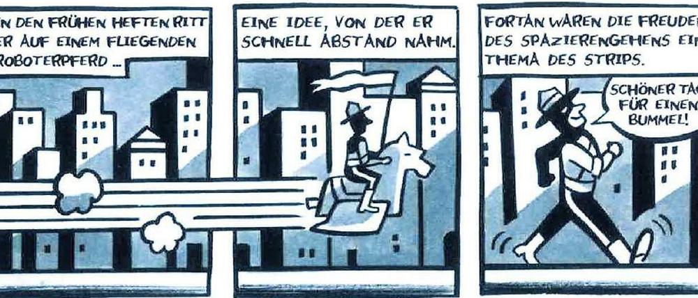 Über Zeichentische gebeugte Männer und ihre kuriosen Ideen: Eine Seite aus "Vom Glanz der alten Tage".