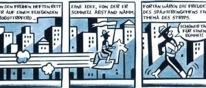 Über Zeichentische gebeugte Männer und ihre kuriosen Ideen: Eine Seite aus "Vom Glanz der alten Tage".