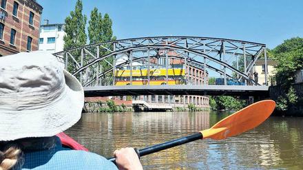 Keineswegs auf Kollisionskurs. Stadtrundfahrten durch Leipzig per Bus oder Kanu – Ansichtssache. Auf Industriedenkmale wie die Könneritzbrücke treffen alle. 