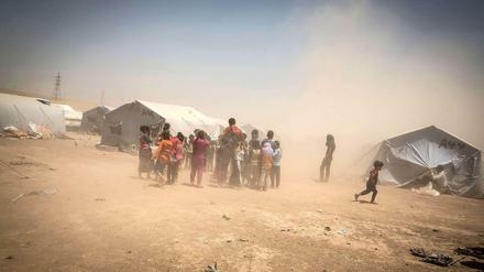 Ein Mitarbeiter der Hilfsorganisation Save the Children spielt mit Kindern in einem improvisierten irakischen Flüchtlingslager. Der Betreuer ist selbst ein Flüchtling - aus Syrien. 