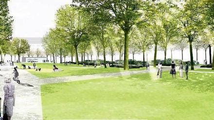Umbaupläne. So soll der Olivaer Platz künftig aussehen, ganz ohne Parkplätze und mit einem Café (im Hintergrund) statt der bisherigen Imbissbude. 