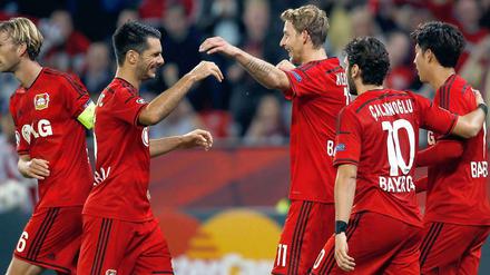 Da kann man sich schon mal freuen. Stefan Kießling (Bildmitte) trifft gegen Kopenhagen zweimal.