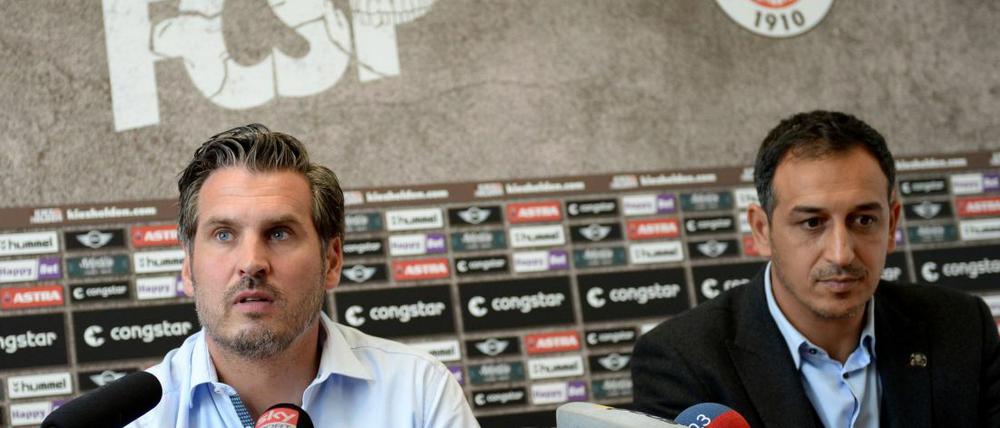 Neuer Chef beim FC St. Pauli: Thomas Meggle (li., mit Sportdirektor Rachid Azzouzi) folgt auf den entlassenen Roland Vrabec.