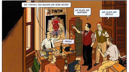 Tintin und seine Helden: Ein Panel aus dem Album „Der Fall E. P. Jacobs“.