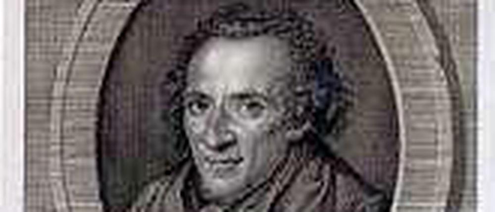 Moses Mendelssohn, in einem Kupferstich von Johann Gotthard Müller (1786), nach einem Porträt von Johann Christoph Frisch (1783).