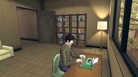 Schreibblockade. Es gibt auch andere avancierte Gamels, hier Dan Kaplan im im Computerspiel „The Novelist“. Es geht darum, ob man seine Träume verwirklichen kann, ohne seine Mitmenschen vor den Kopf zu stoßen.