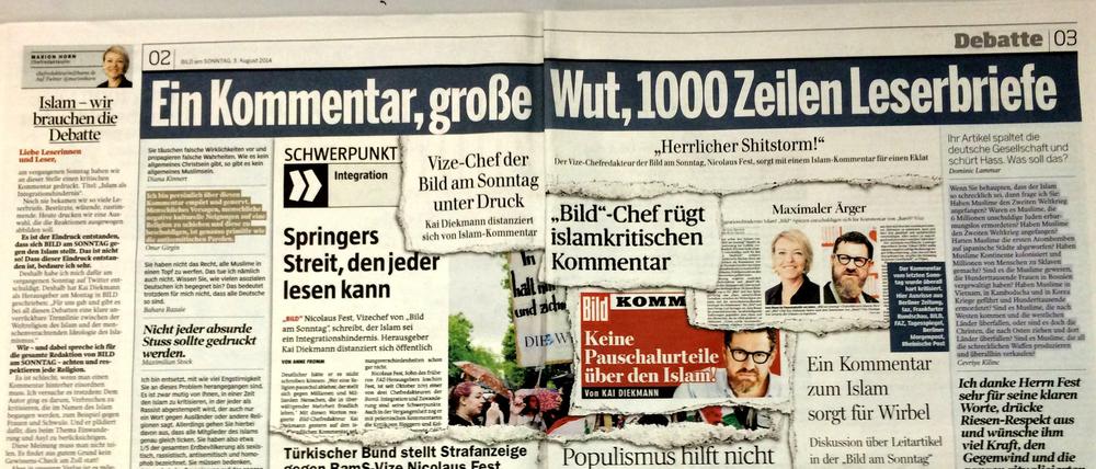 Auch in der "Bild am Sonntag" gab es eine heftige Debatte um den islamfeindlichen Kommentar von Nicolaus Fest.