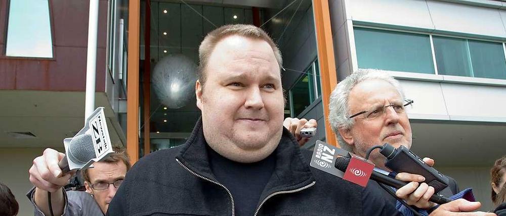 Schwer reich, vom FBI gesucht, Parteigründer in Neuseeland: Kim Schmitz alias Kim Dotcom gibt 2012 in Auckland, Neuseeland, Interviews.